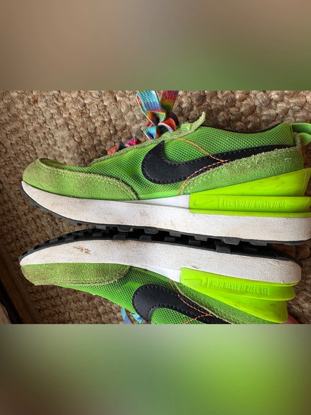 Kids Bright Green Nike Sneakers with Rainbow Laces